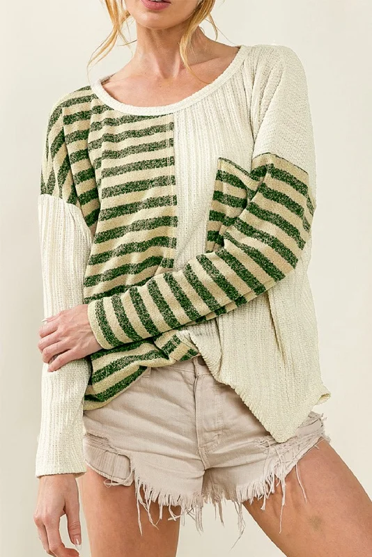 Shop and Save Khaki Striped Print Ribbed Color Block Long Sleeve Top