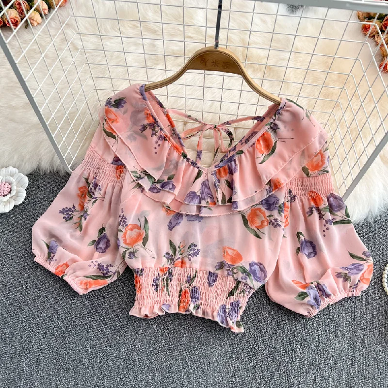 Take Advantage Cute v neck chiffon tops crop tops  S512