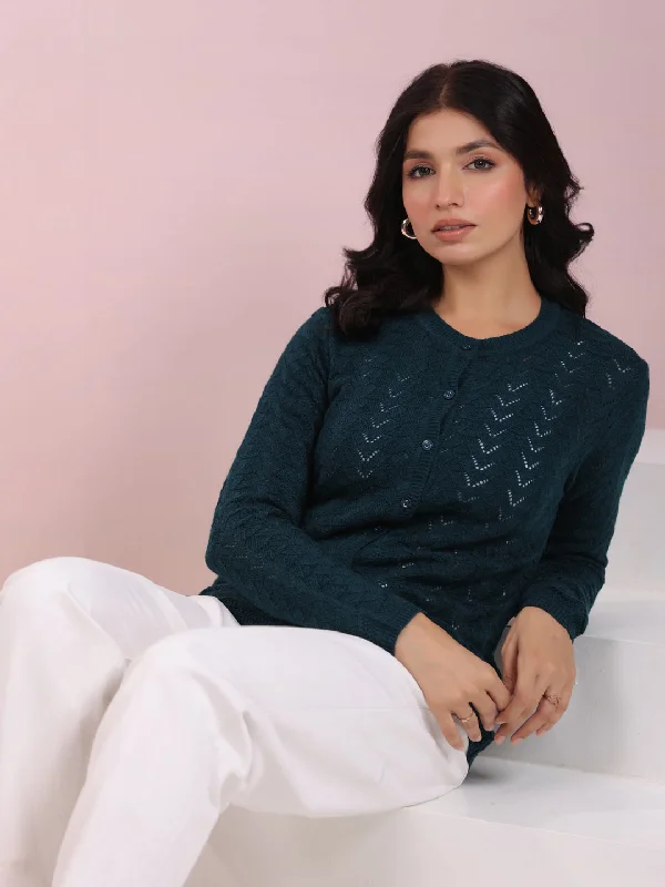 Deal Mania Teal Blue Woolen Self Design Winter Cardigan Shrug