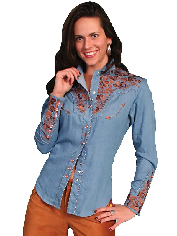 Flash Sale Scully Western Womens Blue Polyester L/S Floral Stitch Western Shirt