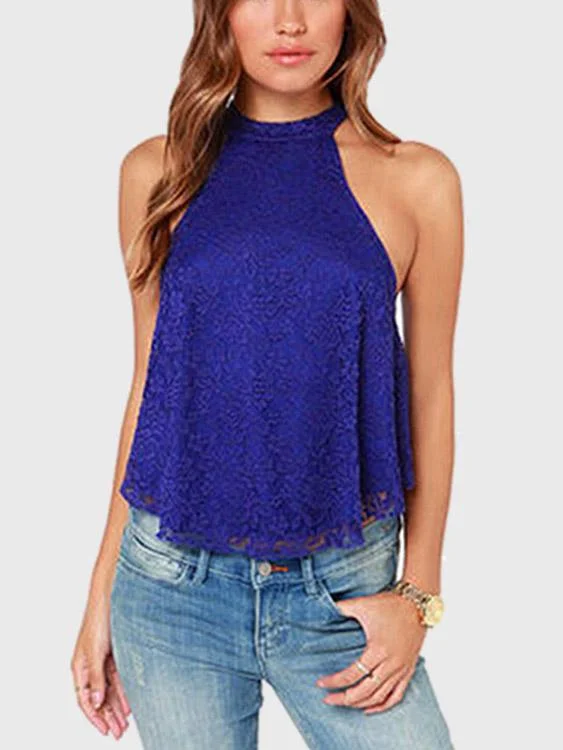 Big Savings Custom Halter Plain Cut Out Sleeveless Dark Blue Camis