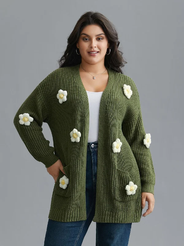 Blowout Deals Floral Motifs V-Neck Pockets Knit Cardigan
