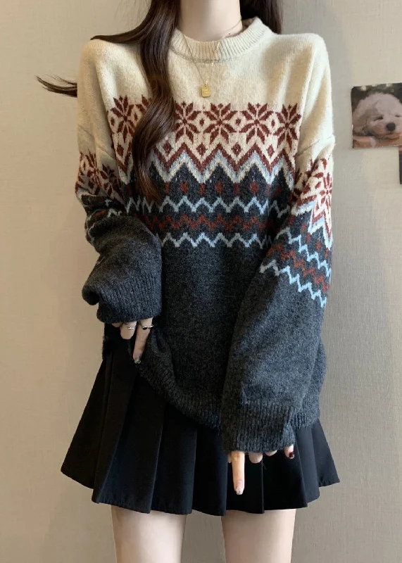 Daily Specials Loose Colorblock O Neck Jacquard Thick Knit Sweater Winter