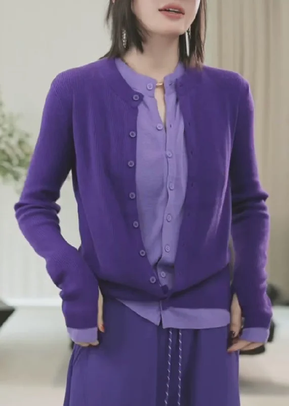 Extra Savings Chic Purple O-Neck Button Fake Two Pieces Cotton Knit Sweater Winter