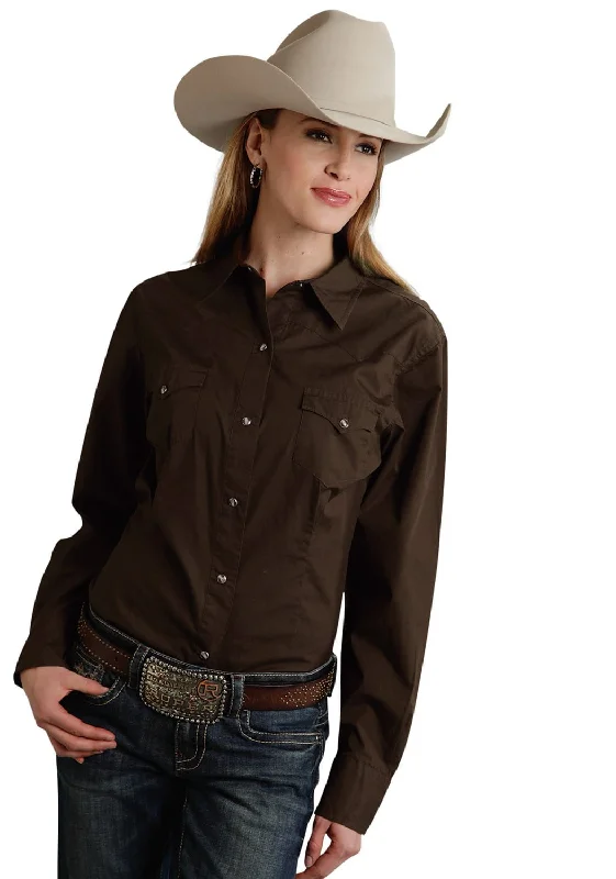 Weekend Deal Roper Basic Solid Ladies Chocolate 100% Cotton L/S Western Shirt