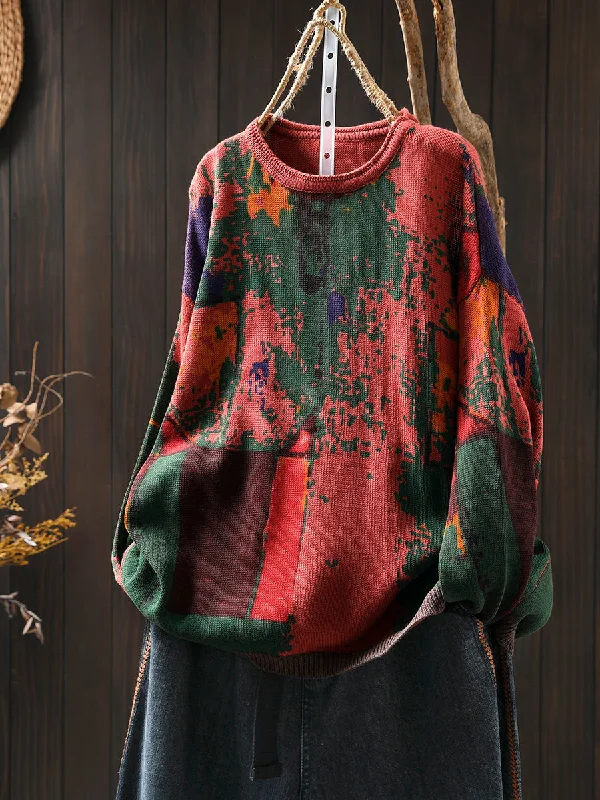 Special Buy Babakud Women Autumn Retro Loose Painted Cotton Knitted Sweater