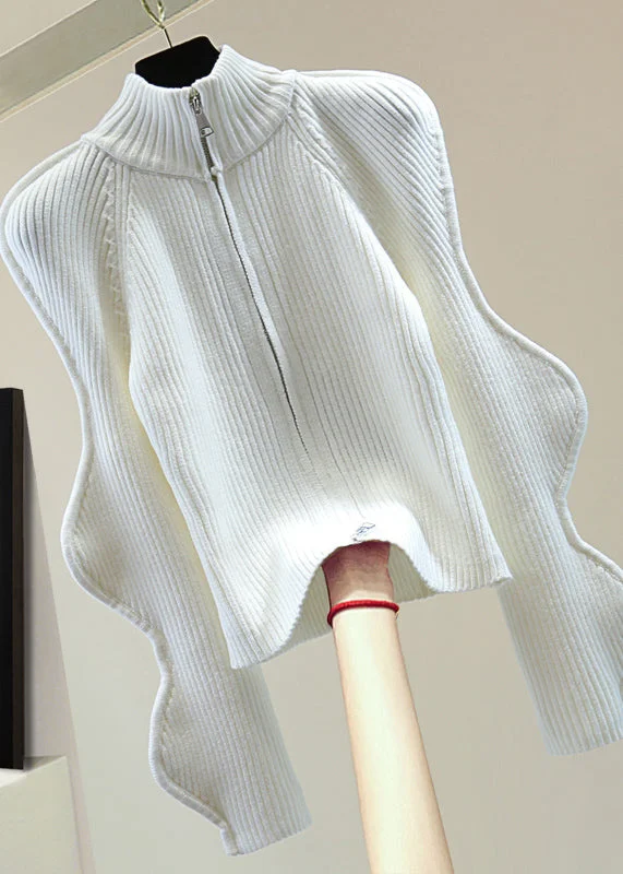 Best Bargains Unique White Turtleneck Asymmetrical Ruffled Zippered Cotton Knit Sweater Winter