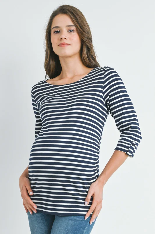 Special Buy Stripe Boat Neck Tab Sleeve Maternity Top