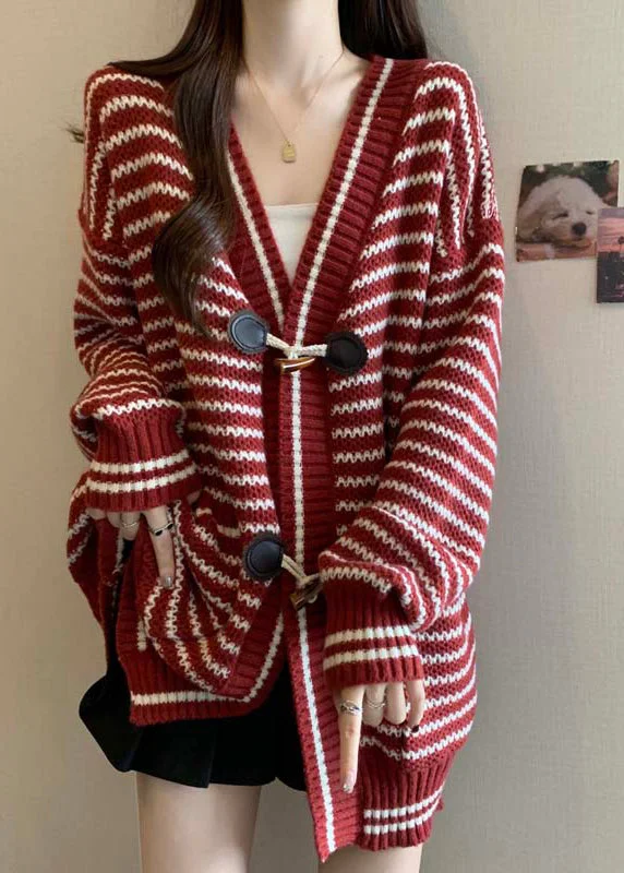 Huge Discounts Handmade Red V Neck Striped Knit Cardigan Winter