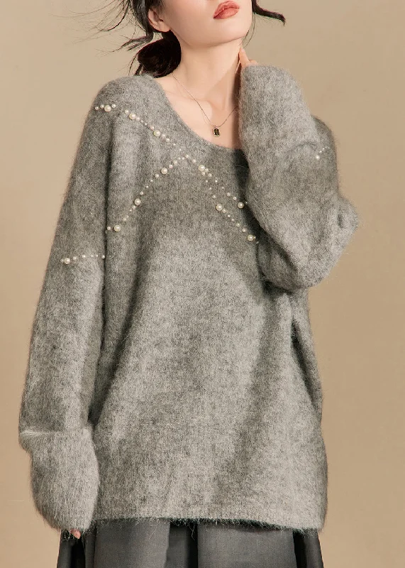 Weekend Discounts You Deserve Loose Grey O Neck Pearl Cotton Knit Sweaters Winter