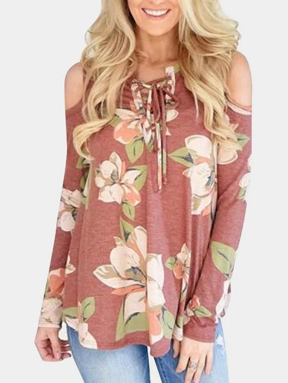 Act Now Custom V-Neck Floral Print Lace-Up Long Sleeve Red T-Shirts