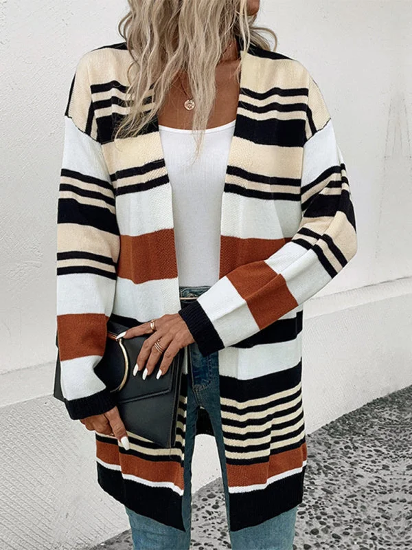 Crazy Deals Women's Stripe Colour Block Open Front Mid Length Cardigan