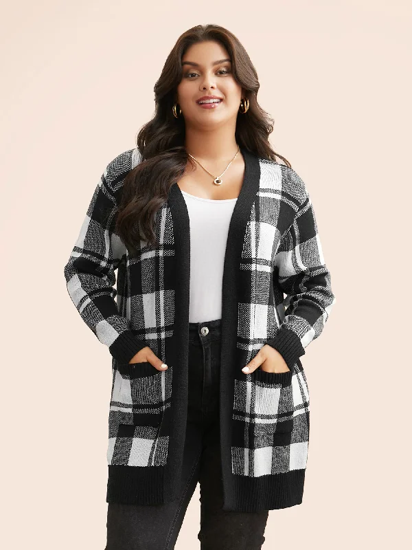 Warehouse Sale Kimono Collar Plaid Slit Hem Cardigan