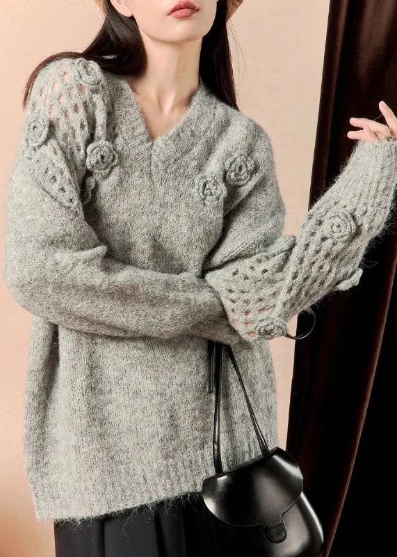 Make Your Weekend Count with Savings Floral Grey V Neck Hollow Out Knit Sweater Winter