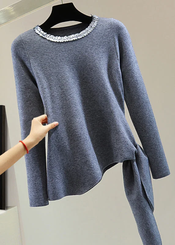 Don't Wait Grey O-Neck Tie Waist Cotton Knit Sweater Long Sleeve