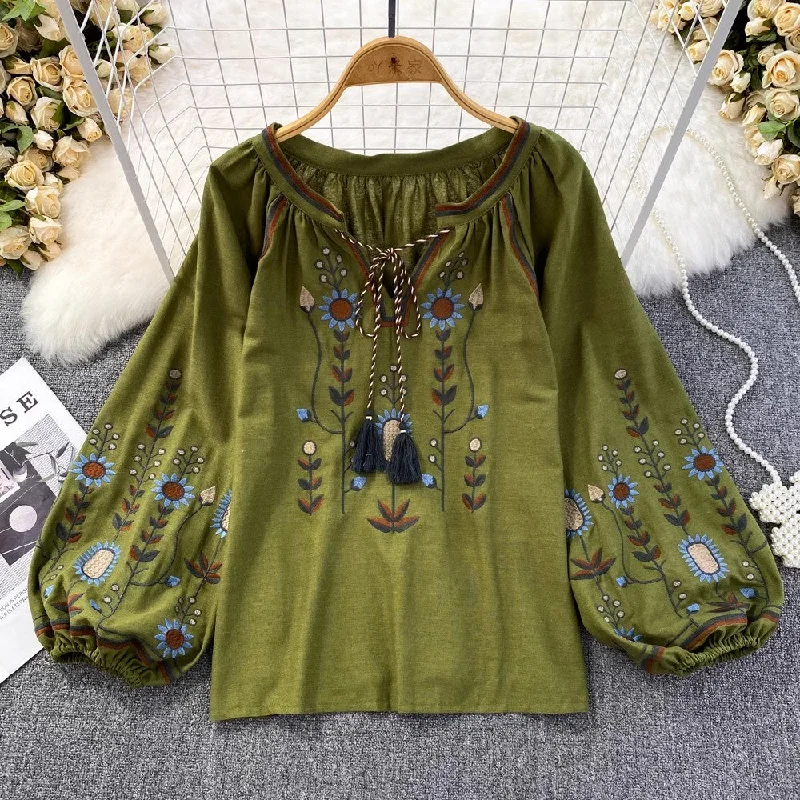 Overstock Sale embroidered round neck shirt women's casual top       S3965
