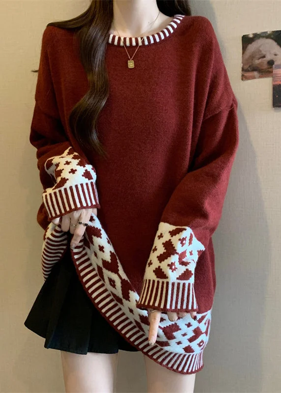 Bonus Savings Boutique Red O Neck Jacquard Patchwork Knit Sweater Winter