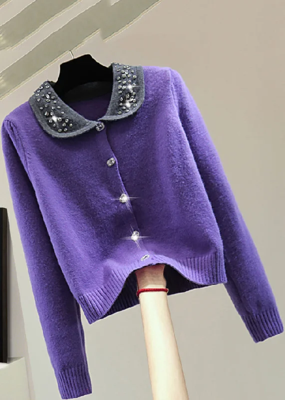 Special Buy French Purple Peter Pan Collar Nail Bead Cotton Knit Sweaters Winter
