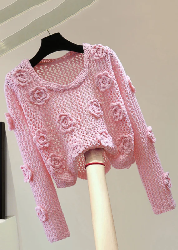 Final Offer Brief Pink Floral Hollow Out Cotton Knit Sweaters Spring