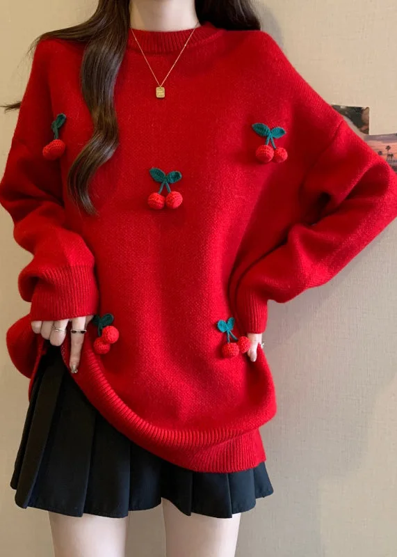 Sale Alert Stylish Red O-Neck Cherry Decorated Knit Sweater Winter