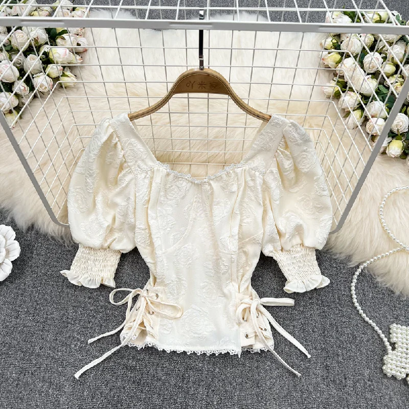 Take Advantage Cute jacquard lace-up top     S142