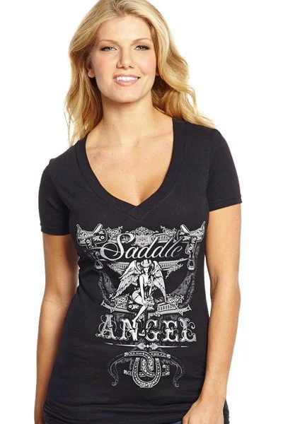 Last Chance Cowgirl Up Womens Black Cotton S/S T-Shirt Saddle Angel V-Neck