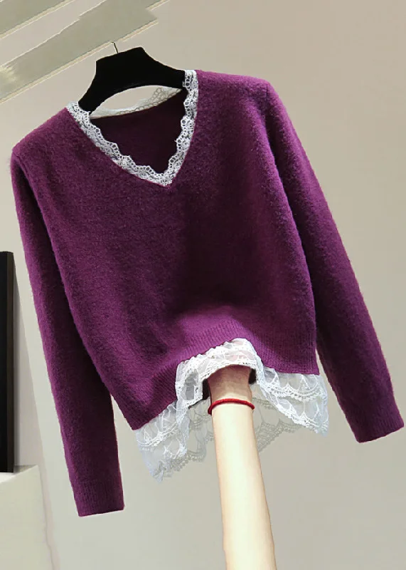Price Reduction Fitted Purple V Neck Lace Patchwork Cotton Knit Sweater Winter