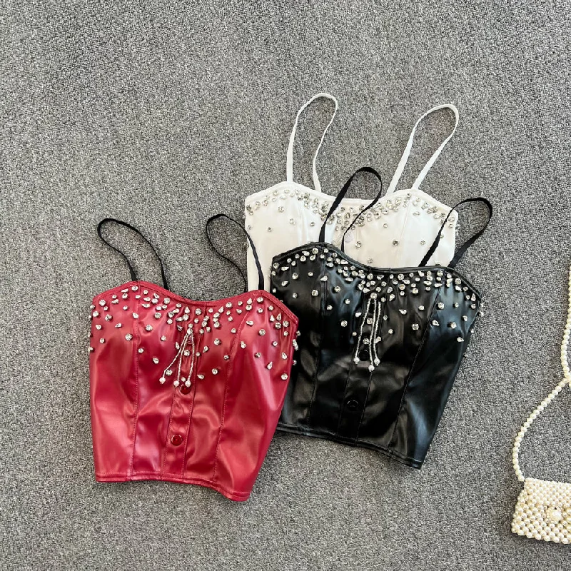 Low Prices Fashionable PU leather tops handmade beads vest     S247
