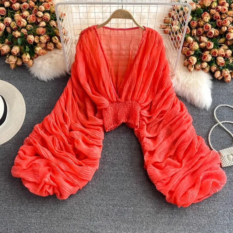 Amazing Deals deep V-neck lantern sleeve chiffon short top     S4028