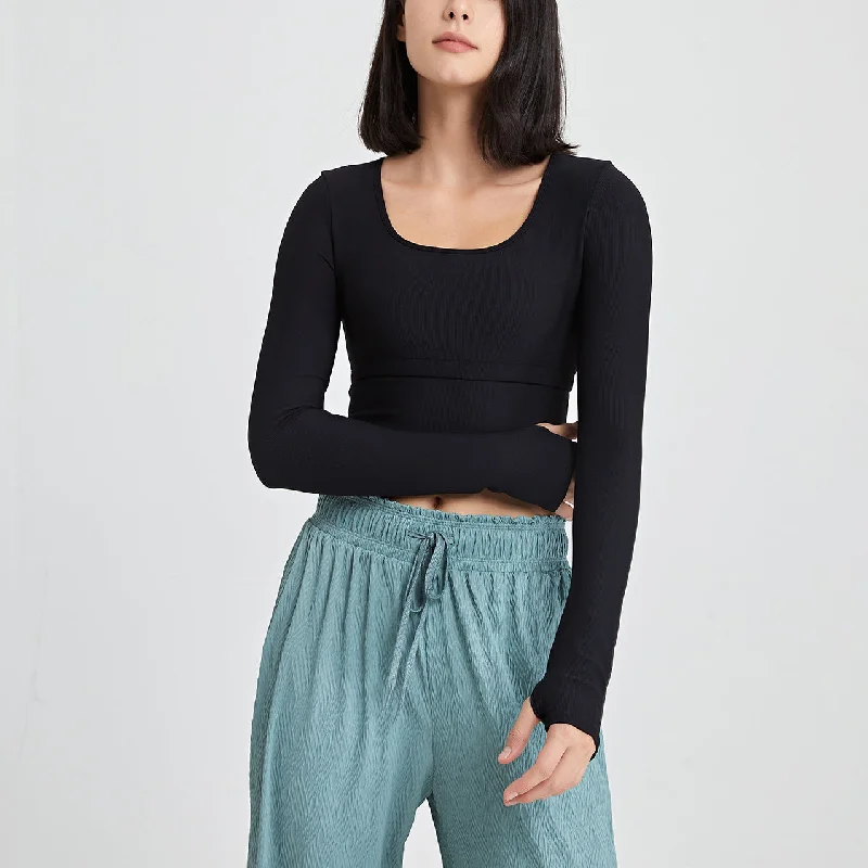 Online Only Sexy Yoga Crop Tops With Chest Pad Solid Color Long Sleeve Women Wholesale Activewear
