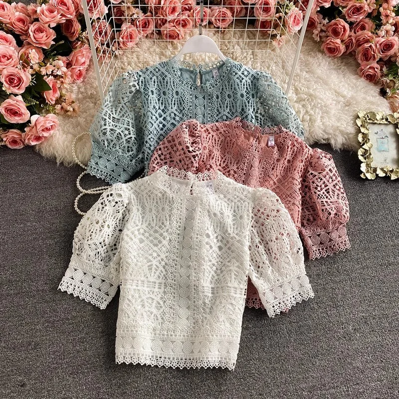 Weekend Savings Bonanza Puff-sleeved lace shirt short-sleeved solid color short top for women      S3898