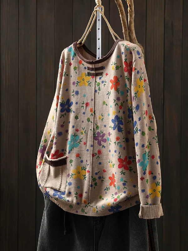 Special Promotion Babakud Women Autumn Retro Floral Printed Cotton Knitted Sweater with Pocket