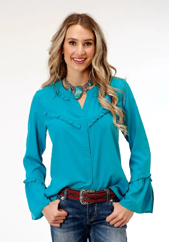 Massive Deal Roper Womens Dark Turquoise Ruffle Blue Polyester L/S Blouse
