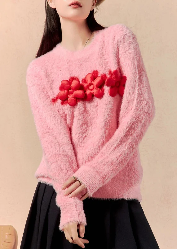 Overstock Women Pink O Neck Floral Mink Hair Knitted Sweaters Winter