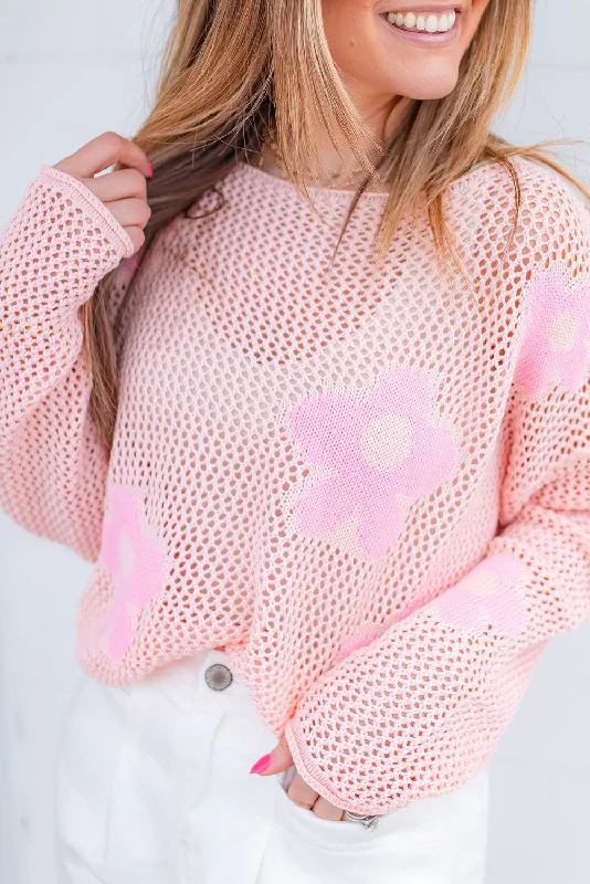 Weekend Offers You Can't Ignore Light Pink Flower Drop Shoulder Hollow Knit Top