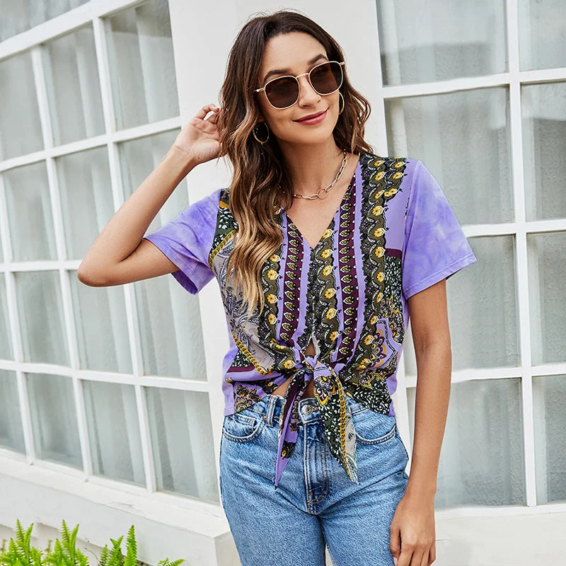 Exclusive Offer Printed Fashion V-Neck Wholesale T Shirts Round Neck Womens Tops Casual Reversible Wear