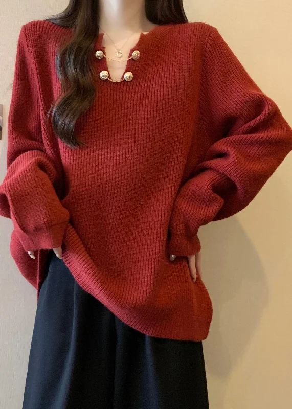 Weekend Deal Plus Size Red V Neck Thick Warm Knit Sweaters Winter