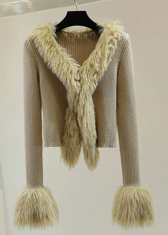 Special Buy French Khaki Fur Collar Patchwork Cotton Knit Sweater Tops Winter
