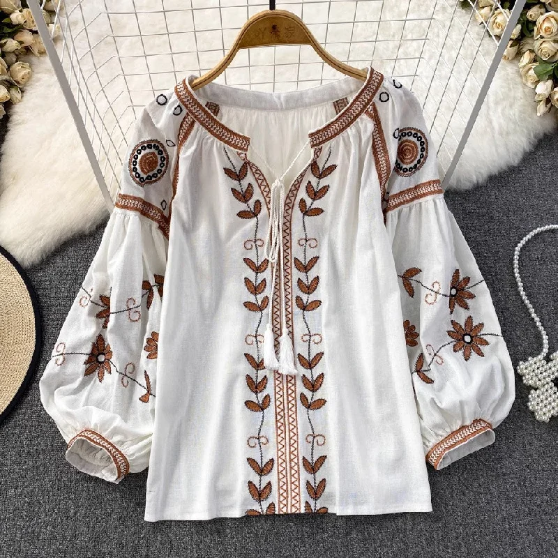 Best Seller long-sleeved round neck embroidered shirt for women casual tops     S3952