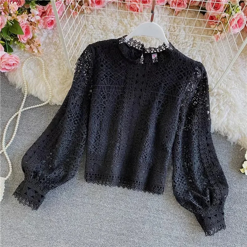 Limited Availability solid color long-sleeved top with lace for women     S4019