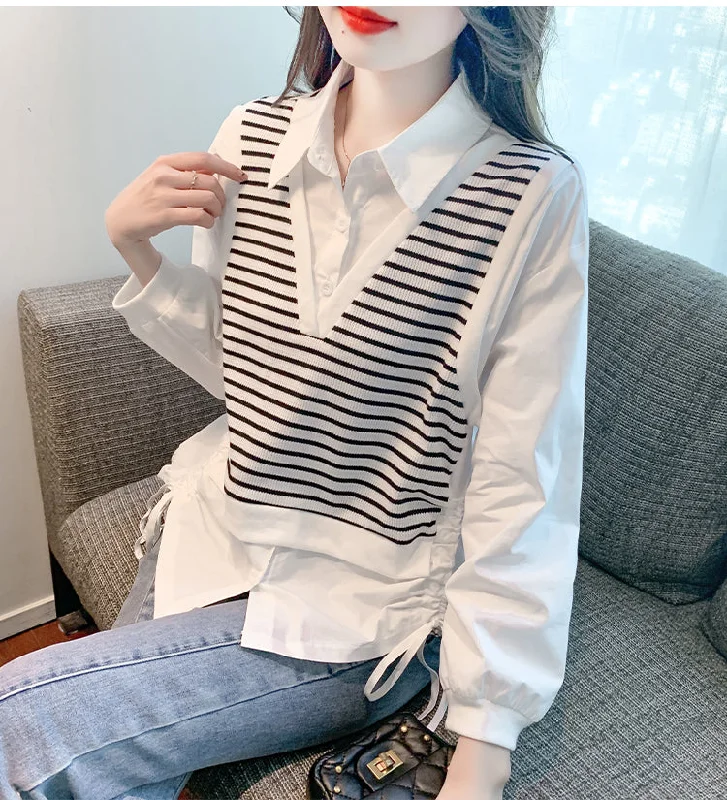 Best Seller Striped stitching women's long-sleeved shirt women's two-piece top     S3422