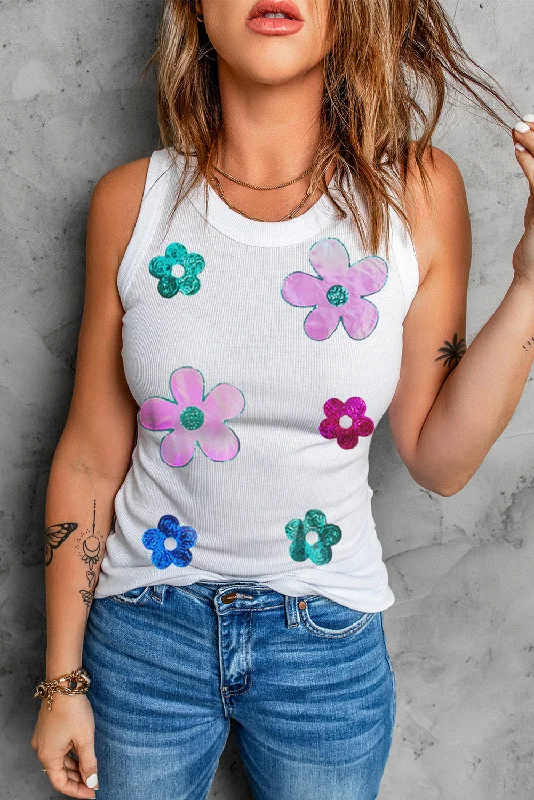Special Price Sequin Flower Round Neck Tank