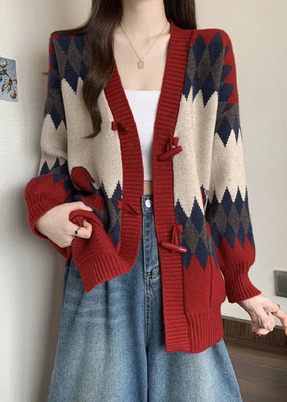 Savings Alert Boutique Red V Neck Bull Horn Buckle Knit Cardigans Winter