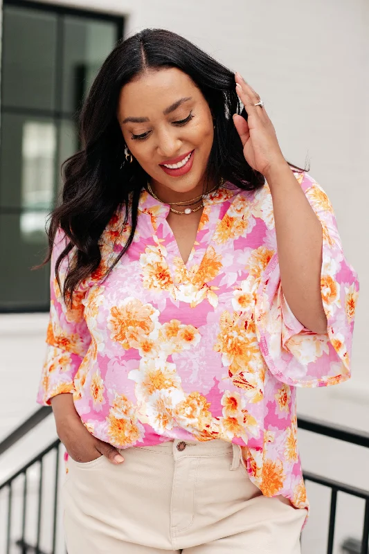 Flash Sale Lizzy Bell Sleeve Top in Pink and Gold Floral