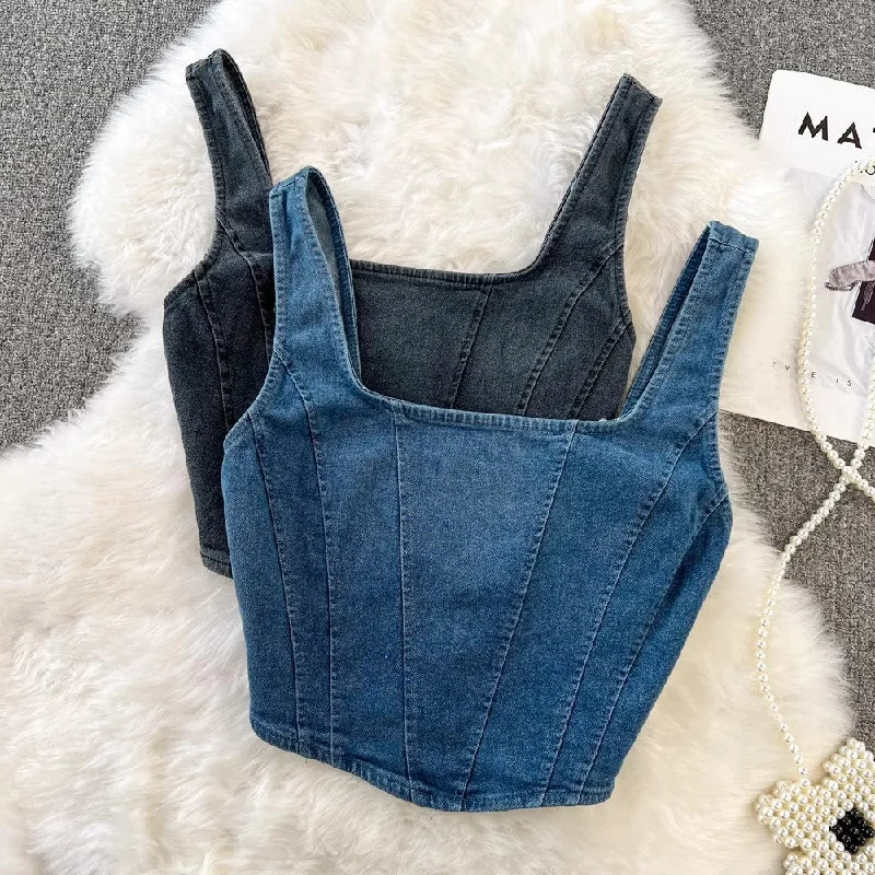 Super Savings short denim women's outer wear zipper backless top      S4049