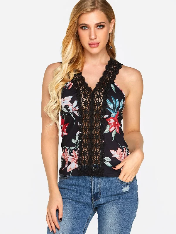 Crazy Savings Custom V-Neck Floral Print Spaghetti Strap Sleeveless Camis