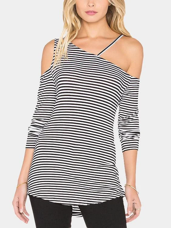 Early Access Custom Asymmetrical Cold Shoulder Stripe Long Sleeve T-Shirts