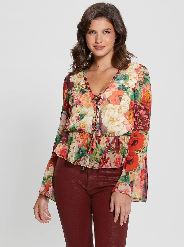 Weekend Discounts to Delight Floral Print Long Sleeve Demi Top