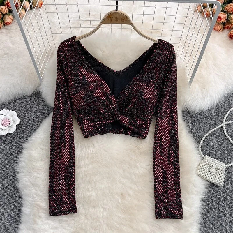 Weekend Discounts to Delight sequin V-neck pleated sexy shirt for women, fashionable short top    S4106