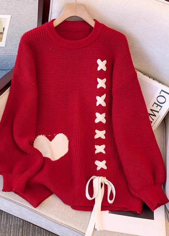 Price Drop Fashion Red O-Neck Lace Up Knit Sweater Tops Winter